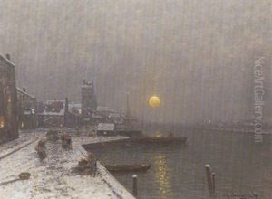 Hafenstadt Im Winter (am Niederrhein?) Bei Abenddammerung by Johann II Jungblut