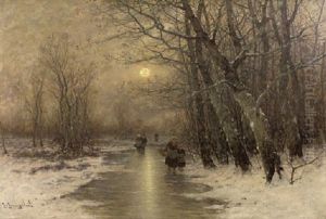 Peasants On A Frozen Waterway In Winter by Johann II Jungblut