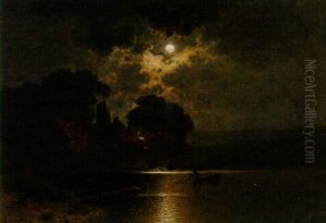 Ausfahrender Angler In Seinem Boot Vor Einem Grosen Gehoft Am Ufer, Mondnacht by Johann II Jungblut