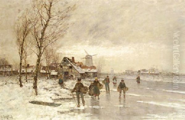 A Winter Landscape With Figures On A Frozen Waterway - view 1