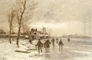 A Winter Landscape With Figures On A Frozen Waterway by Johann II Jungblut
