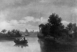 Romantische Fluslandschaft Mit Booten Und Figurenstaffage Romantische Fluslandschaft Mit Booten Und Figurenstaffage