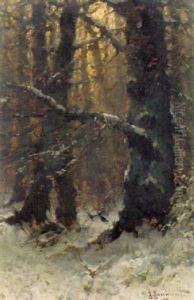 Winterwald Mit Zwei Vogeln