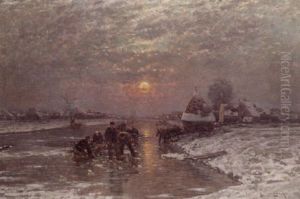 A Winter Landscape At Dusk Wiht Figures Fishing On The Ice by Johann II Jungblut