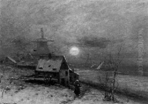 Winterlicher Sonnenuntergang In Einem Hollandischen Dorf by Johann II Jungblut