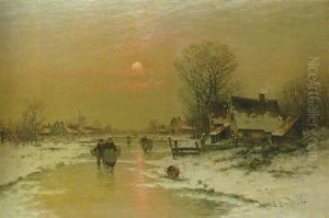 A Moonlit River Landscape In Winter by Johann II Jungblut