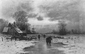 Winterliche Abenstimmung An Einem Kanal Mit Staffagen