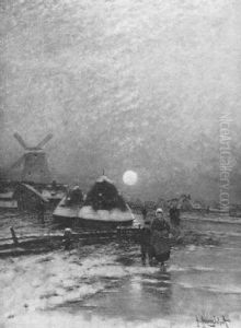 Hollandische Landschaft An Einem Winterabend