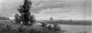 Italienische Fluslandschaft, Im Hintergrund Stadtansicht