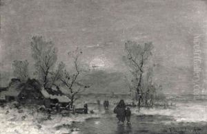 A Winter Landscape With A Peasantwoman And Child On A Frozen Ditch by Johann II Jungblut
