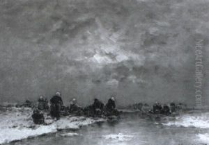 Fischerfrauen Auf Zugefrorenem Gew,sser, Winterabend Fischerfrauen Auf Zugefrorenem Gew,sser, Winterabend