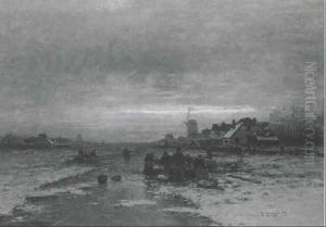 Winterabend In Einem Hollandischen Dorf An Zugefrorenem Kanal by Johann II Jungblut