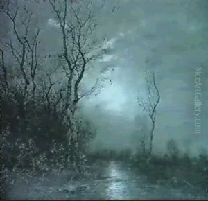 Waldbach Bei Mondlicht by Johann II Jungblut