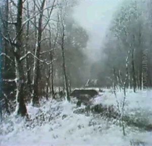 Wintertag.auf Einer Verschneiten Waldlichtung Zwei          Waldarbeiter