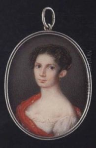 A Young Lady With Hair Upswept In A Gold Comb, Wearing Decollete White Dress With Lace Underslip And Red Shawl
