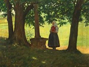 Forest Scene With Woman At A Monument by Reinhard Paul Junghanns