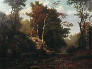 Flusslandschaft Mit Bewaldetem Ufer Und Ansteigendem Fels Flusslandschaft Mit Bewaldetem Ufer Und Ansteigendem Fels