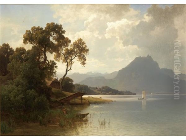 Expansive Landscape With Distant Mountains And Figures Near Lake - view 1