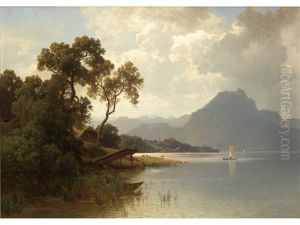 Expansive Landscape With Distant Mountains And Figures Near Lake by Carl Jungheim