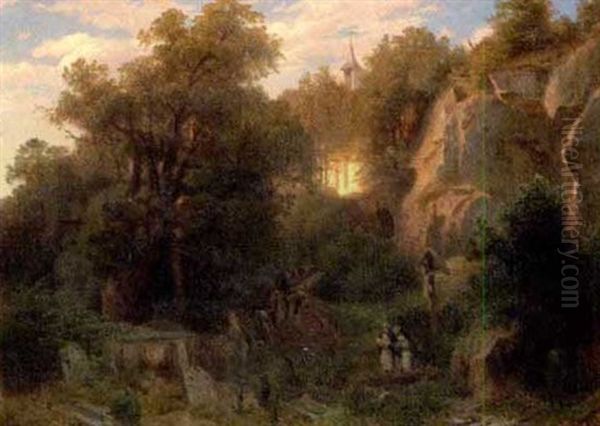 Von Der Abendlich Beschienenen Klosterkirche Tragen Monche In Einer Prozession Einen Sarg In Den Tiefer Gelegenen Klostergarten Herunter - view 1