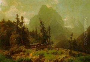 Schweizer Alpenlandschaft Mit Sennerhutte Und Kuhen by Carl Jungheim