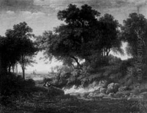 Blick Von Den Ufern Eines Waldbaches Mit Hirtenjunge Und Hund Blick Von Den Ufern Eines Waldbaches Mit Hirtenjunge Und Hund