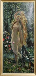 Standing Female Nude By Foliage by Josef Jungwirth