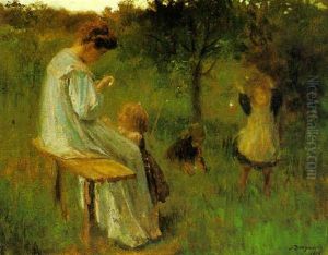 Mutter Mit Spielenden Kindern Im Garten by Josef Jungwirth
