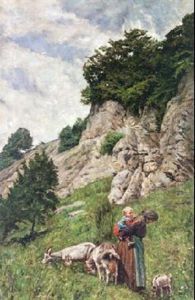 Paisaje Rocoso Con Anciana Y Nino by Augusto Junquera