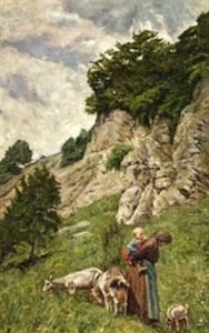 Paisaje Con Anciana Y Nino by Augusto Junquera
