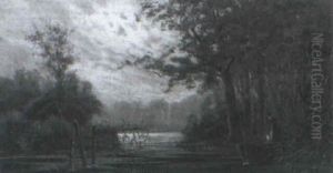 Manebelyst Skovso Med Kvinde Ved Robad by J. W. Jurgens