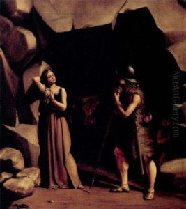 Scene Fra Den Nordiske Mytologi Med En Skjoldmo Og En Kriger Foran En Grotte by Fritz (Georg Urban F.) Juergensen