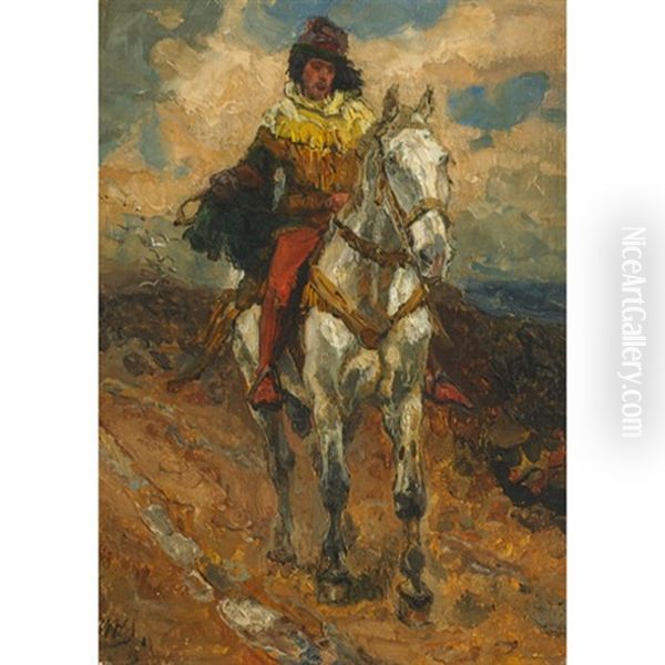 Muskateers Traversing The Countryside, Rider On A White Stallion (+ Rider On A Brown Stallion; Pair) - view 1