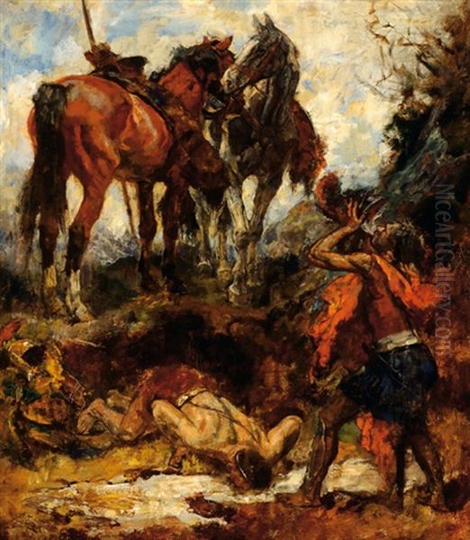 Two Soldiers With Their Horses By A Well - view 1