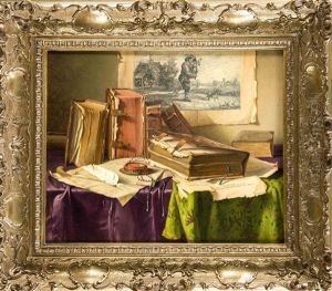Arrangement Von Buchern Und Einer Altmeisterzeichnung An Der Wand by Josef Jurutka
