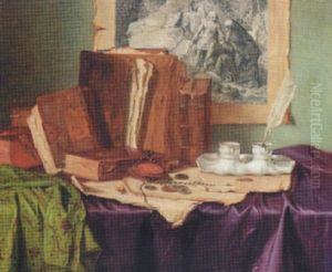 Books And Coins On A Draped Table by Josef Jurutka