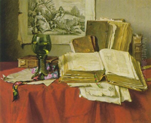 Stilleben Mit Alten Kodices, Radierung Und Romer - view 1