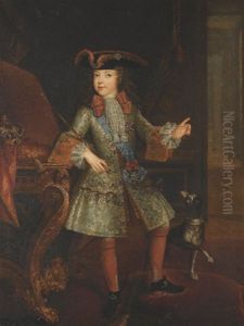 Portrait Of Louis Xv Of France As A Child, Standing Full Length In An Interior, Beside A Dog, His Crown On A Table Beside Him by Augustin Oudart Justinat