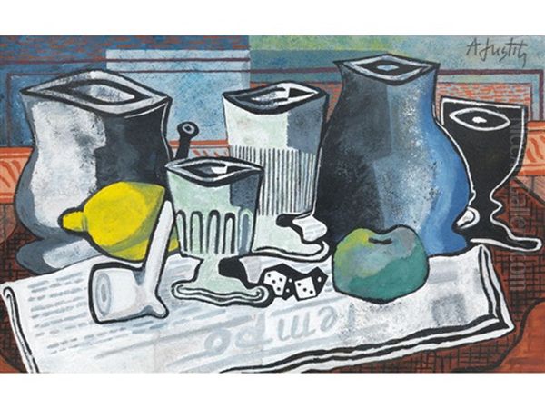 Stillleben Mit Vasen, Bechern, Pfeife, Zitrone, Wurfeln Und "tempo"-zeitung - view 1
