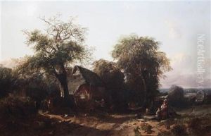 Farm Scene With Figures Beside A Well And A Boy Opening A Gate