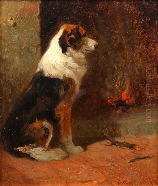 A Seated Collie Beside A Hearth - view 1