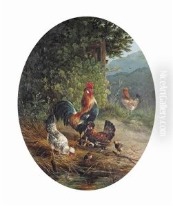 A Rooster With Hens And Chicks by Carl Jutz the Elder