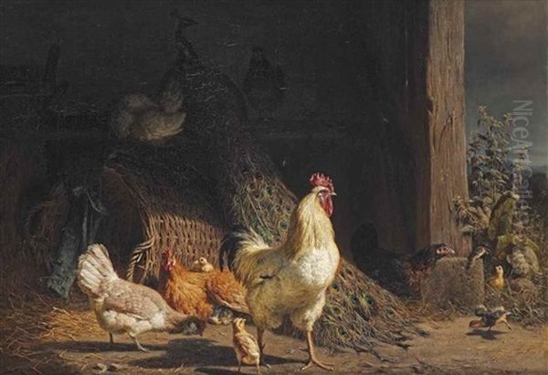 A Peacock, A Rooster And Chicks In A Stable - view 1