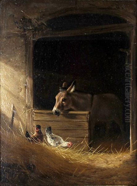 Stallinterieur Mit Esel Und Zwei Huhnern - view 1