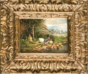 Entenfamilie Am Teich Hinterm Hof Mit Ausblick Auf Ein Dorf Im Hintergr. by Carl Jutz the Elder