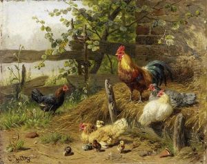 Federvieh Auf Dem Heuhaufen by Carl Jutz the Elder