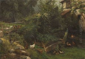 Sommerlicher Hof Mit Enten, Huhnern Und Pfau