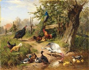Grosser Huhnerhof Mit Pfau, Truthahnen, Enten Und Huhnern by Carl Jutz the Elder