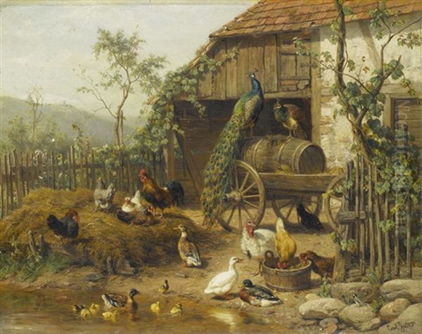 Grosser Huhnerhof Mit Pfau, Enten, Gansen Und Huhnern - view 1