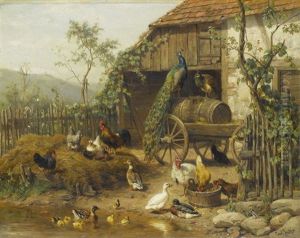 Grosser Huhnerhof Mit Pfau, Enten, Gansen Und Huhnern by Carl Jutz the Elder